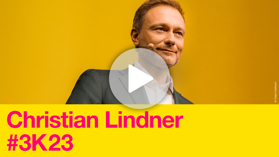 Christian Lindner mit Playtaste und Verlinkung zu dessen Rede bei Dreikönig 2023